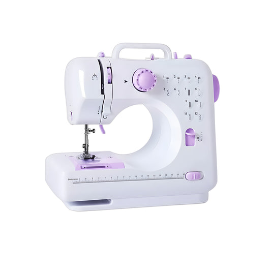 Machine à coudre blanche et violette sur fond blanc.