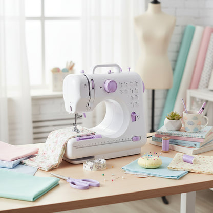 Machine à coudre blanche et violette utilisée dans un atelier de couture clair avec tissus et accessoires sur la table.