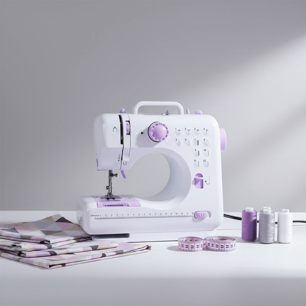 Machine à coudre blanche et violette posée sur une table blanche avec tissus et bobines, éclairage studio.